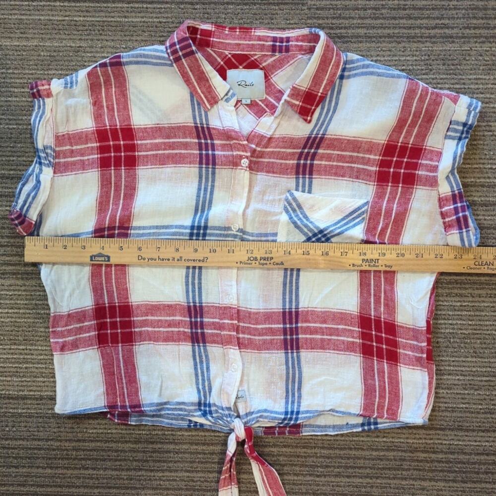 Rails Womens Linen Blend Top Size Large Red Blue Plaid Front Tie Button Front - Picture 7 of 8